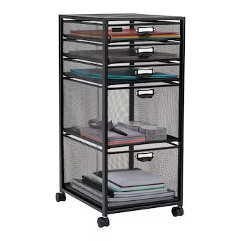 Mind Reader Black Office Cart with 5 Easy Sliding Drawers - Lightweight and Mobile File Storage with Four-Wheel Design