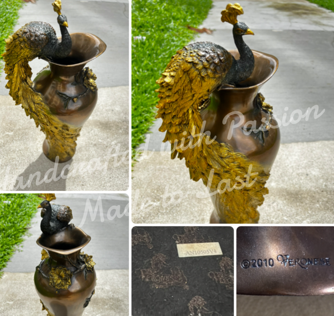 Limited Edition - VERONESE COLLECTIONS - PRUNUS & PEACOCK VASE COLD CAST BRONZE “ Gold Coated Version “