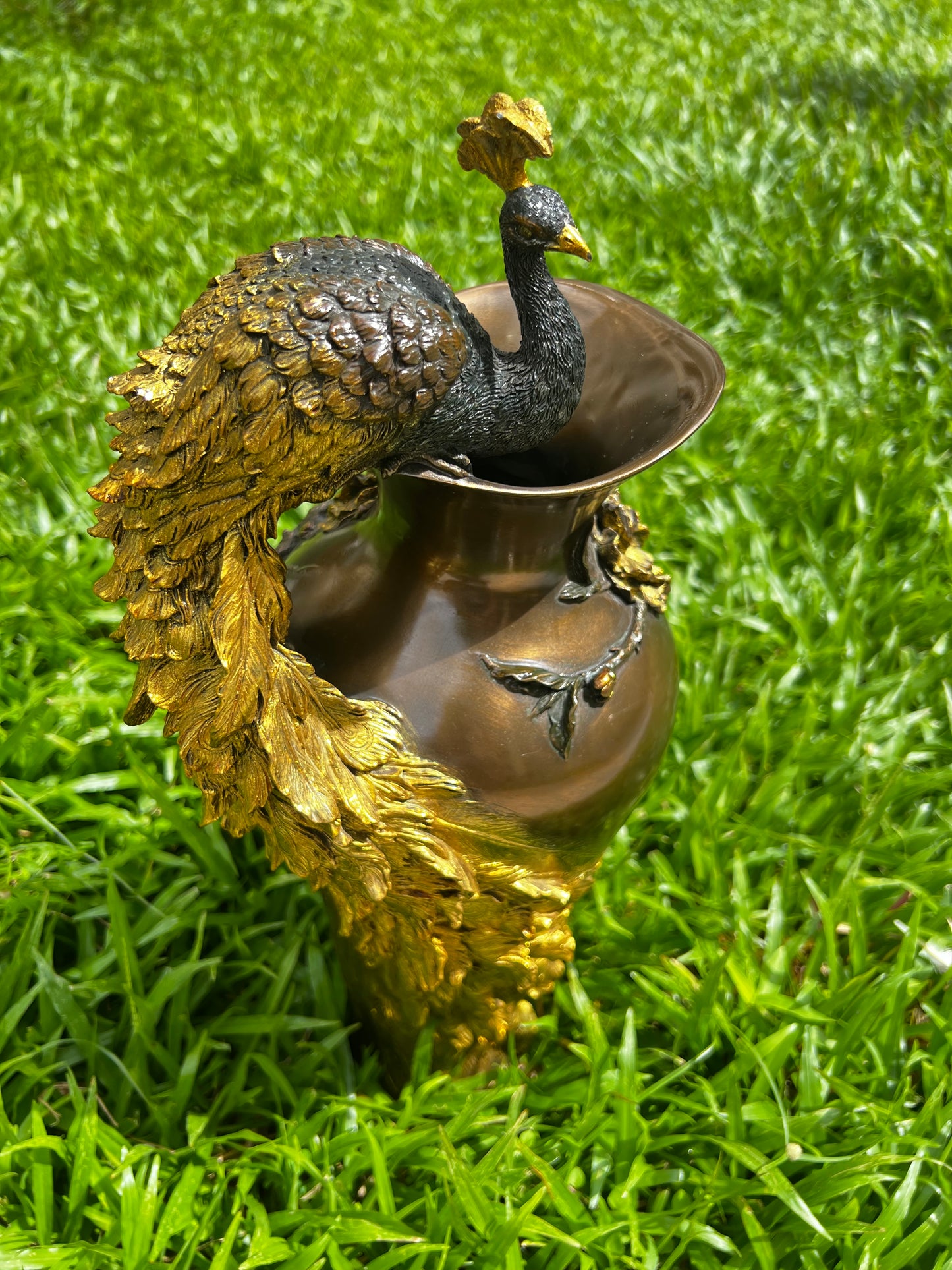 Limited Edition - VERONESE COLLECTIONS - PRUNUS & PEACOCK VASE COLD CAST BRONZE “ Gold Coated Version “