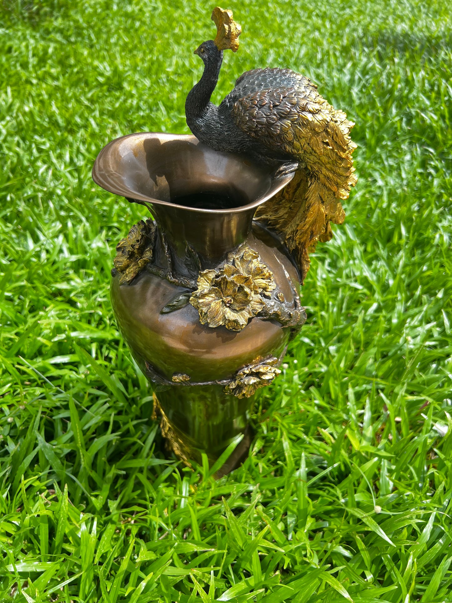 Limited Edition - VERONESE COLLECTIONS - PRUNUS & PEACOCK VASE COLD CAST BRONZE “ Gold Coated Version “