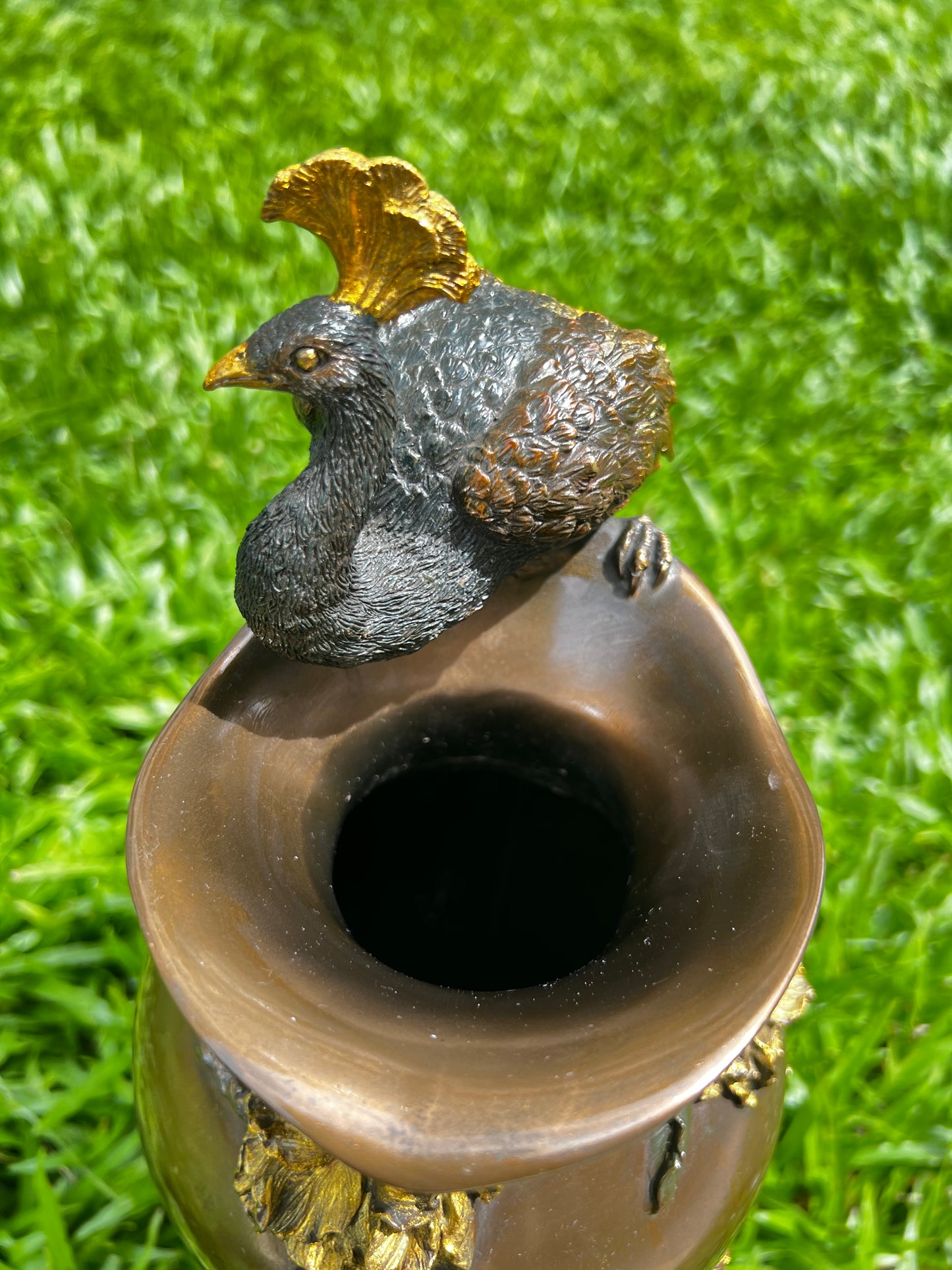 Limited Edition - VERONESE COLLECTIONS - PRUNUS & PEACOCK VASE COLD CAST BRONZE “ Gold Coated Version “