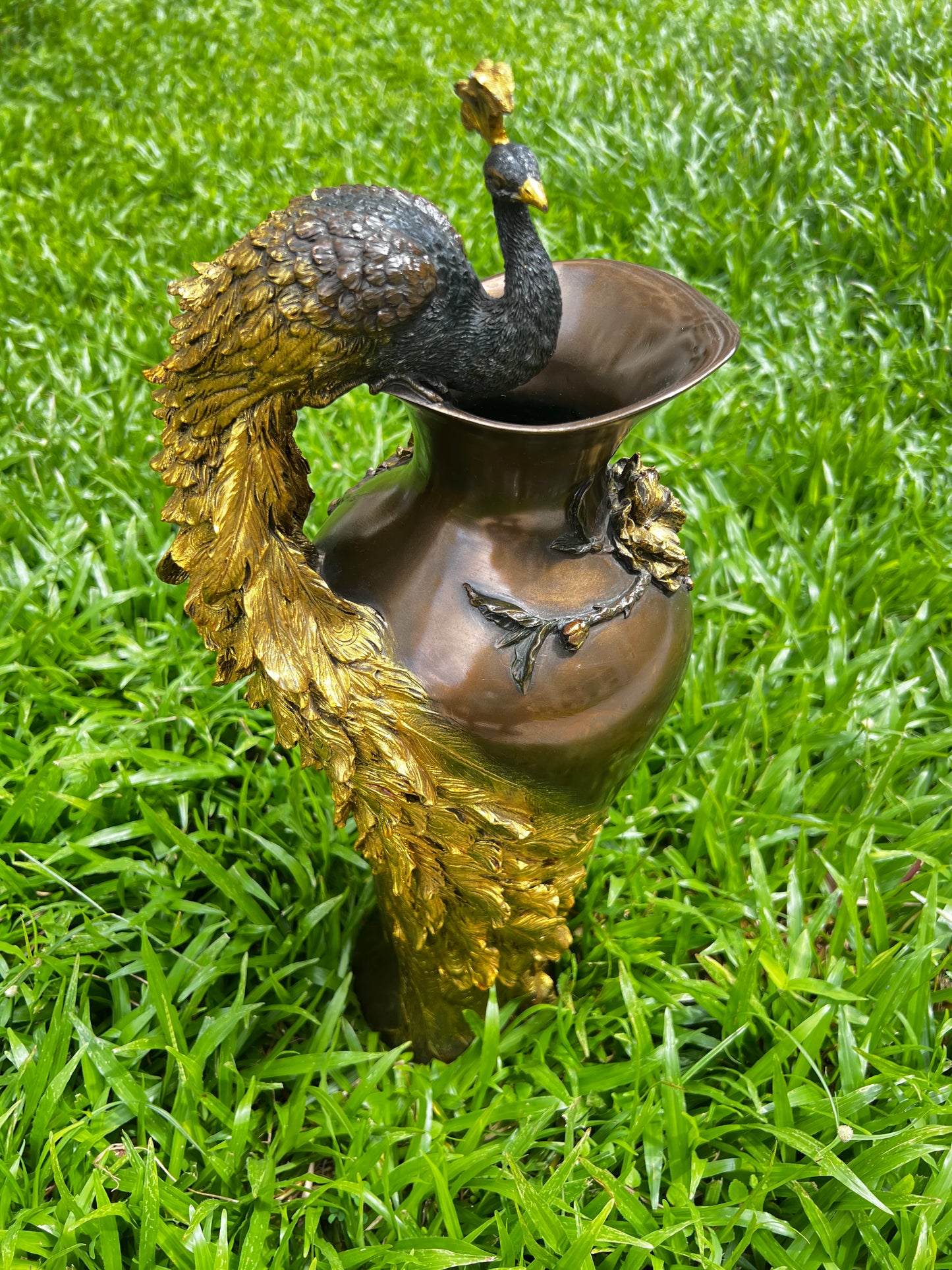 Limited Edition - VERONESE COLLECTIONS - PRUNUS & PEACOCK VASE COLD CAST BRONZE “ Gold Coated Version “