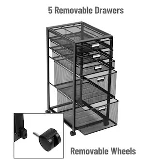 Mind Reader Black Office Cart with 5 Easy Sliding Drawers - Lightweight and Mobile File Storage with Four-Wheel Design