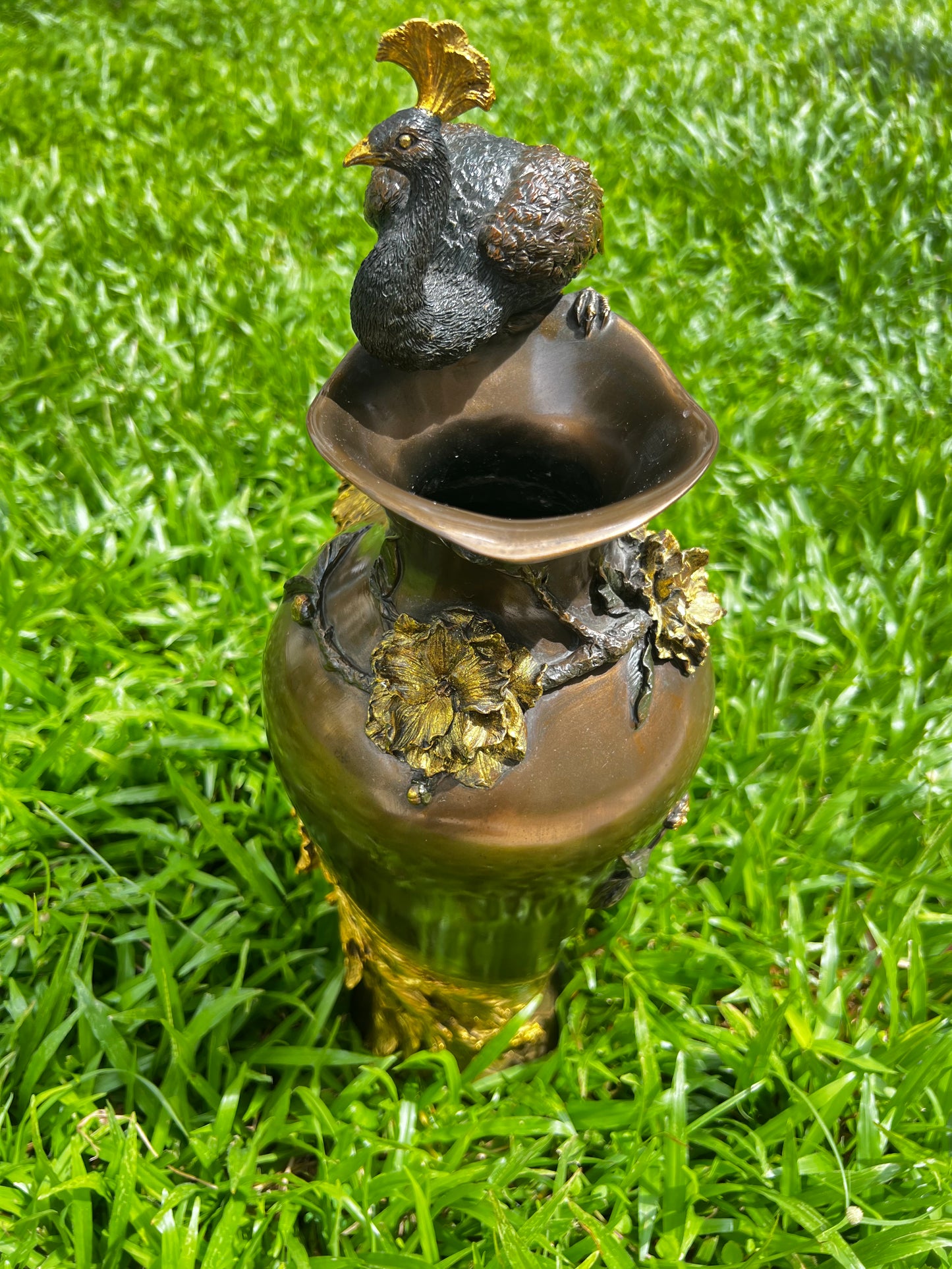 Limited Edition - VERONESE COLLECTIONS - PRUNUS & PEACOCK VASE COLD CAST BRONZE “ Gold Coated Version “
