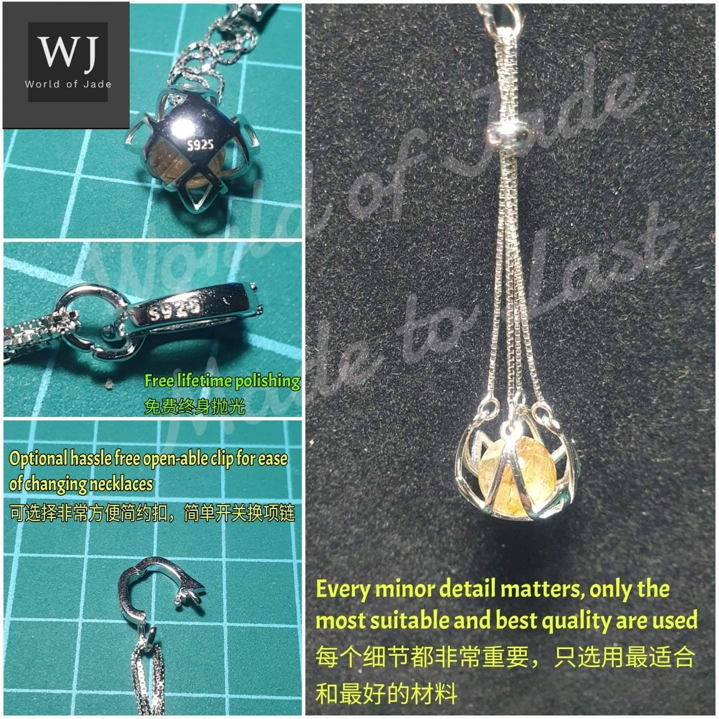 Rare Golden Rutilated Quartz Angel Hair , Rose Quartz Birthstone S925 Sterling Silver Pendant