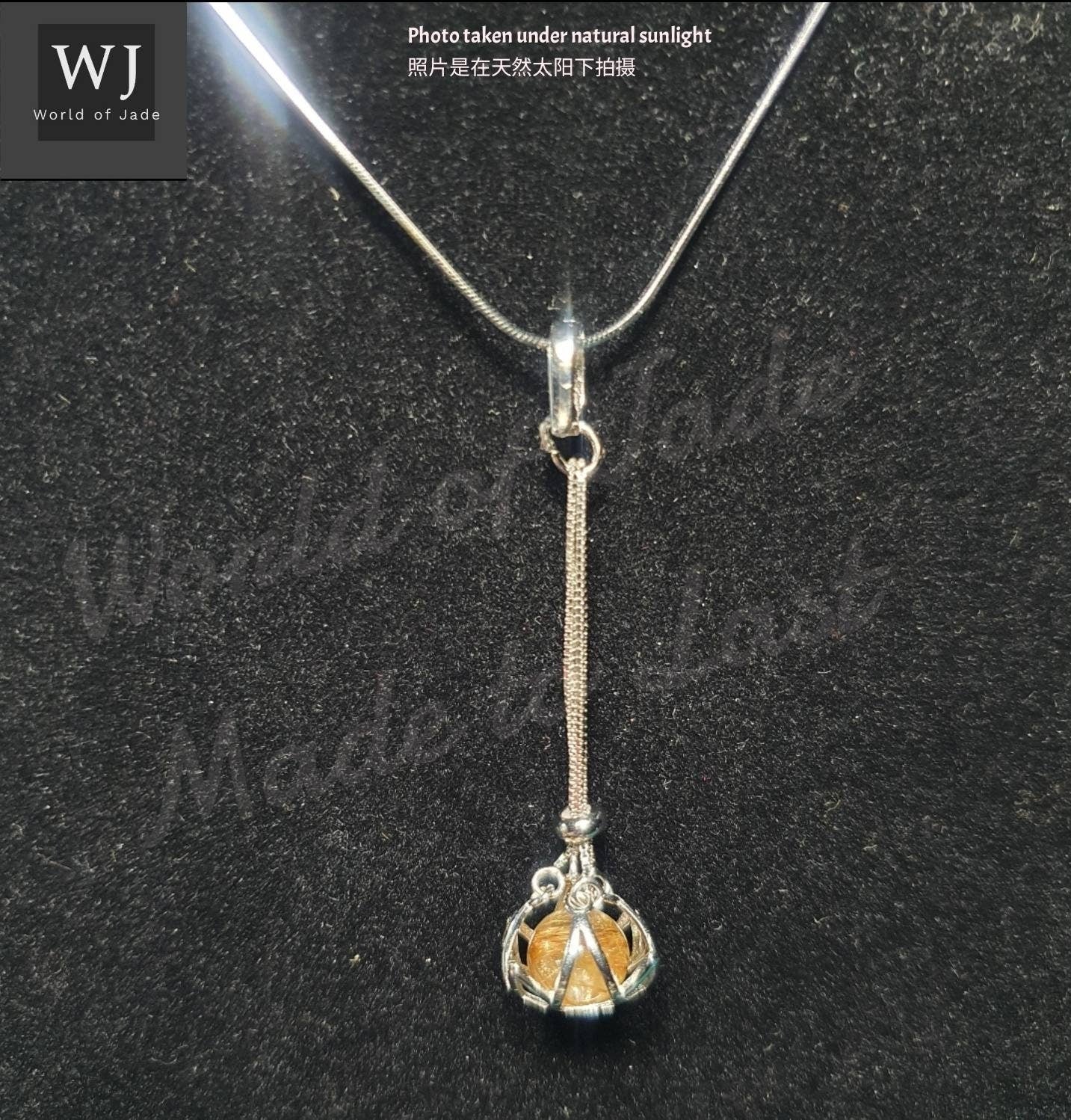 Rare Golden Rutilated Quartz Angel Hair , Rose Quartz Birthstone S925 Sterling Silver Pendant