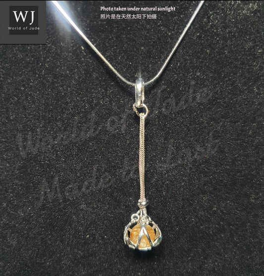 Rare Golden Rutilated Quartz Angel Hair , Rose Quartz Birthstone S925 Sterling Silver Pendant