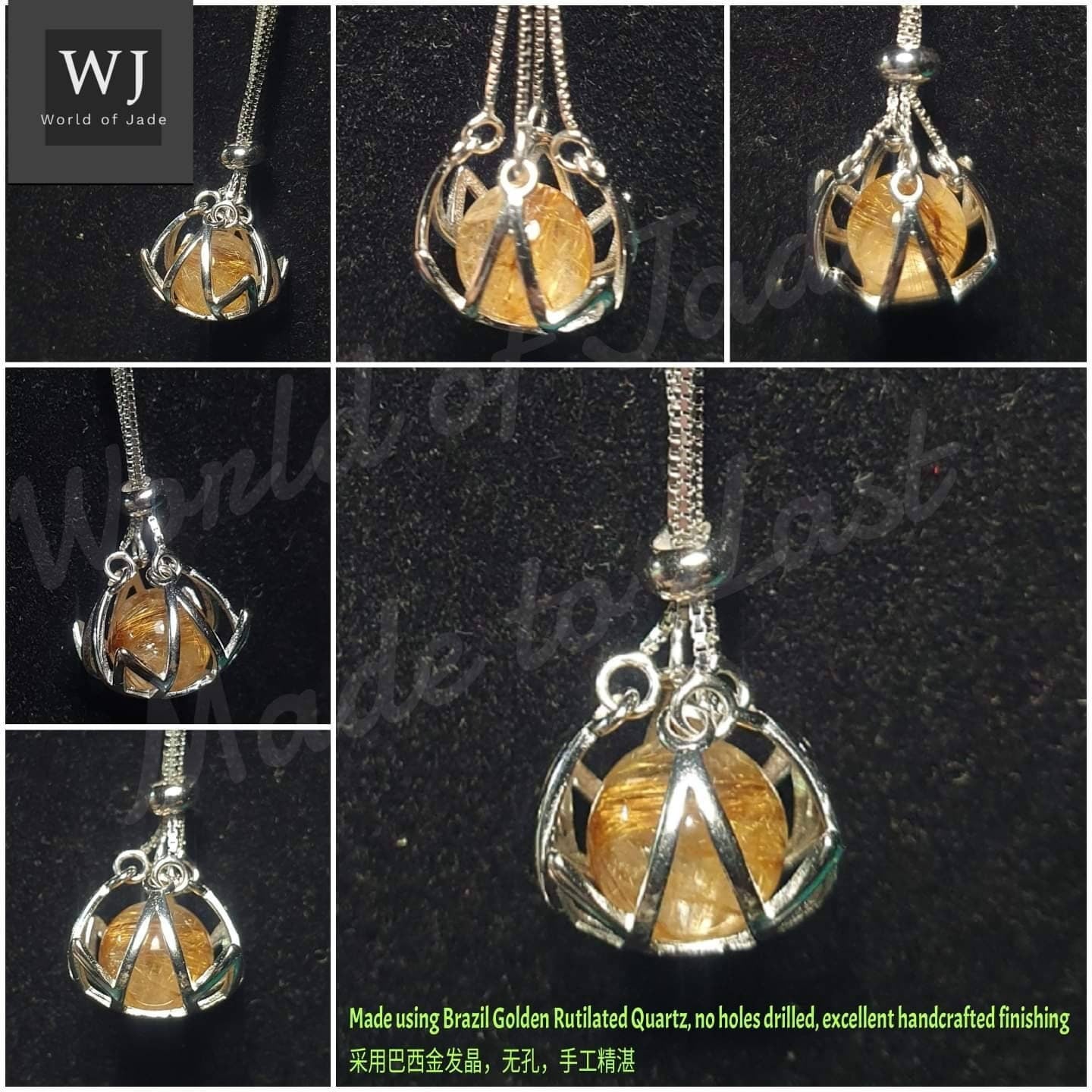 Rare Golden Rutilated Quartz Angel Hair , Rose Quartz Birthstone S925 Sterling Silver Pendant